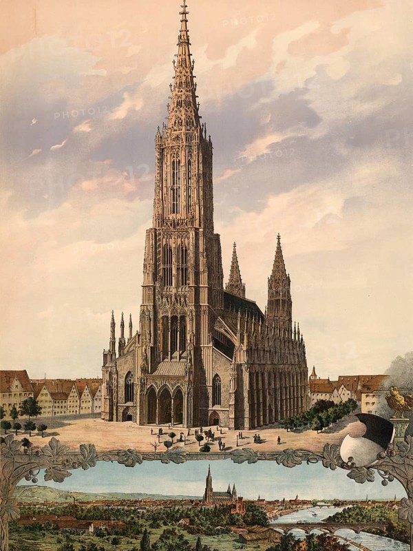 Ulm Minster in Ulm, Baden-Württemberg, Germany, impressive Gothic cathedral with surrounding city under cloudy sky, authentic reproduction of a school mural, historic, around 1900