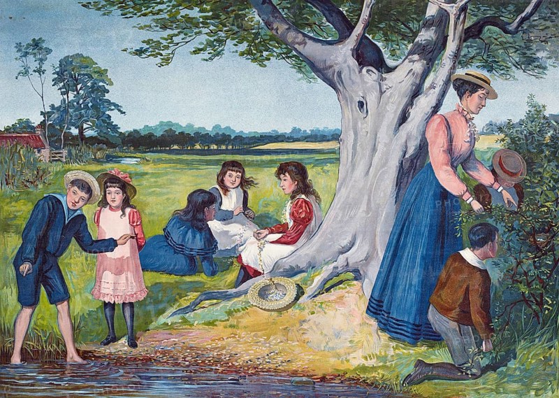 Trip with the children to the countryside, summer vacation, vacation, group of people having a picnic under a tree in a summer landscape, authentic reproduction of a school mural, historical, around 1900