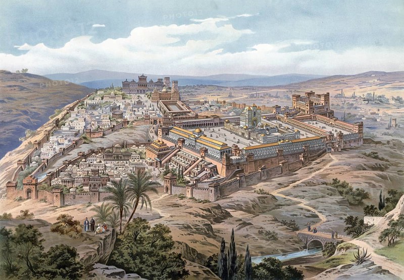 Jerusalem at the time of Jesus Christ, Israel, extensive ancient city view with fortress and surrounding landscape, authentic reproduction of a school mural, historic, around 1900
