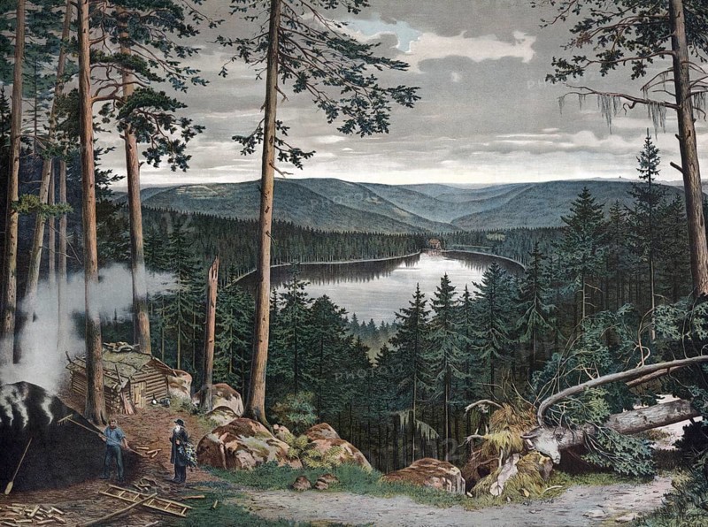 Charcoal maker who smolder wood in a coal kiln for this purpose, charcoal factory, northern Black Forest, Baden-Württemberg, Germany, dense forest with a lake in the background and workers cutting wood in a mysterious environment, authentic reproduction of a school mural, historical, around 1900