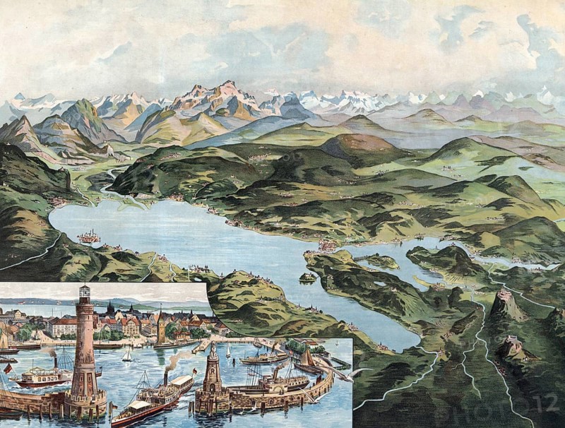 Lake Constance with Lindau and Alpine Range, Swabia, Bavaria, Germany, picturesque view of mountains and lakes with harbor scenes in the foreground, stylized like a map, authentic reproduction of a school mural, historical, around 1900