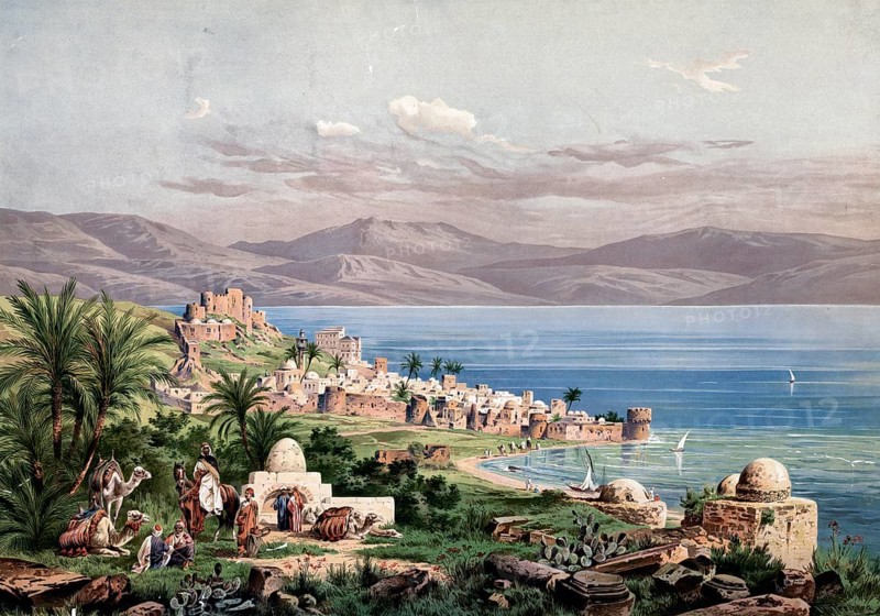 Tiberias, city in Galilee in the State of Israel on the western shore of the Sea of Galilee, ancient coastal town with ruins, palm trees and mountains in the background, authentic reproduction of a school mural, historic, around 1900