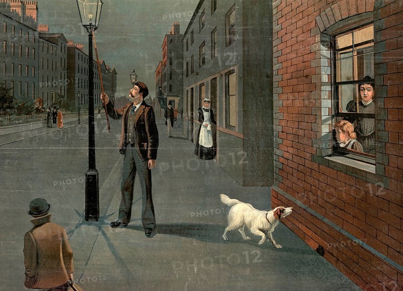 Lantern lighter lighting the gas lanterns every evening, evening street scene with a person lighting a gas lantern while a dog runs past, authentic reproduction of a school mural, historic, around 1900