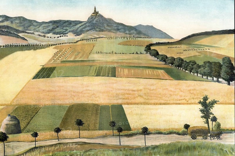 Kyffhäuser with golden floodplain, low mountain ranges south of the Harz, Thuringia, Germany, fields and hills with a small village in a wide landscape, authentic reproduction of a school mural, historical, around 1900