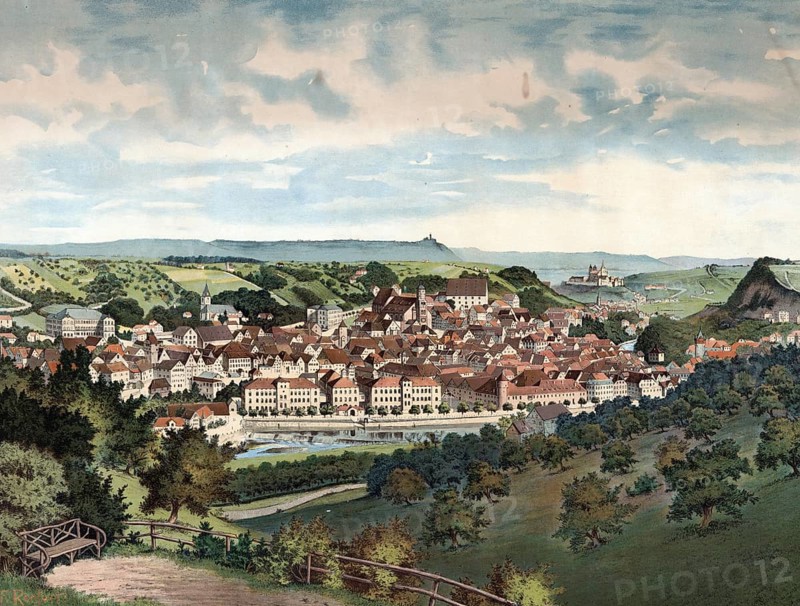 Schwäbisch Hall, city in northeast Baden-Württemberg, Germany, panorama of a city with a river and hills in the distance, surrounded by greenery, authentic reproduction of a school mural, historical, around 1900