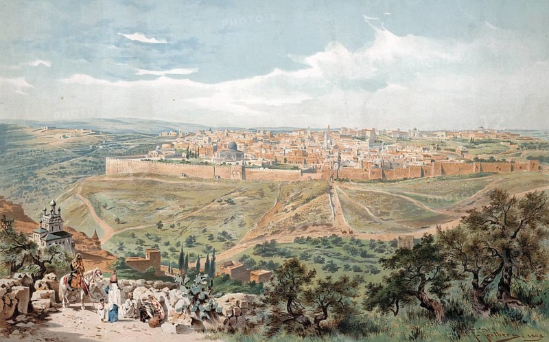 Panorama of Jerusalem, today Israel, panorama of an ancient city with walls in a vast landscape, authentic reproduction of a school mural, historical, around 1900