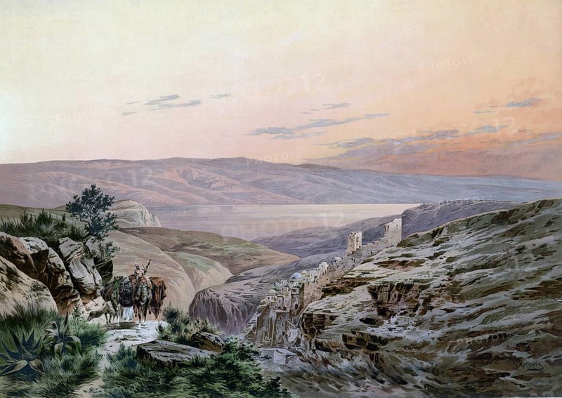 The Dead Sea, Israel, Jordan, view of a lake surrounded by mountains and a peaceful atmosphere during twilight, authentic reproduction of a school mural, historic, around 1900