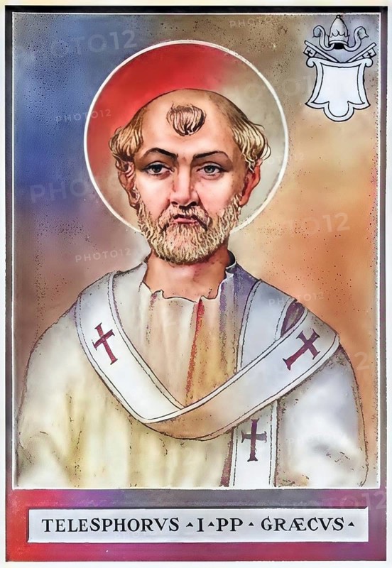 Telesphorus (born in Greece, died in Rome in 136 or 137) was Bishop of Rome (ca. 125/126-136/137) during the reign of Emperor Hadrian, Historical, authentic, digitally restored reproduction from a 19th century original, Record date not stated, subsequently coloured