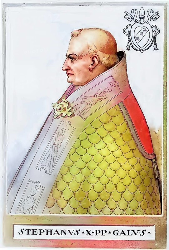 Stephen IX (X), previously Frederick of Montecassino OSB, originally Frederick of Lorraine (born around 1020 in Lorraine, died 29 March 1058 in Florence), was pope from 3 August 1057 until his death. He is considered a German pope due to his origins, Historical, authentic, digitally restored reproduction from a 19th century original, Record date not stated, subsequently coloured