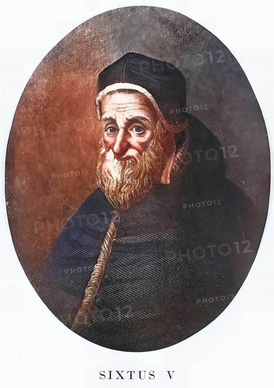 Sixtus V (born 13 December 1521 as Felice Peretti di Montalto in Grottammare, Marche, died 27 August 1590 in Rome) was Pope of the Roman Catholic Church from 1585 until his death. A strict moralist, he punished moral offences with the gallows, Historical, authentic, digitally restored reproduction from a 19th century original, Record date not stated, subsequently coloured