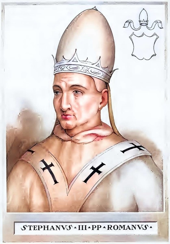 Stephen III (IV) (died 24 January 772) was Pope from 768 to 772, Historical, authentic, digitally restored reproduction from a 19th century original, Record date not stated, subsequently coloured