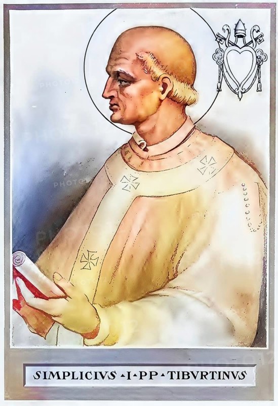 Simplicius (born in Tivoli, died 10 March 483 in Rome) was Pope and Bishop of Rome from 3 March 468 to 10 March 483, Historical, authentic, digitally restored reproduction from a 19th century original, Record date not stated, subsequently coloured