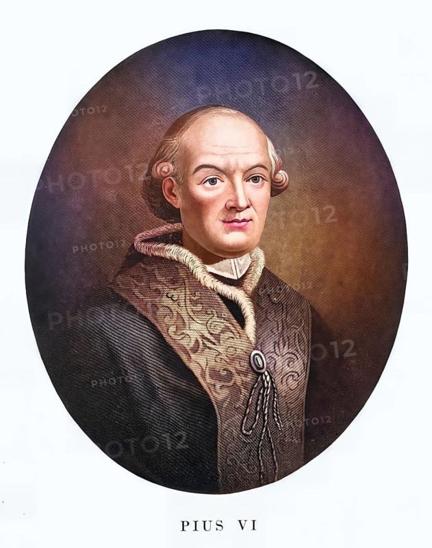 Pius VI (civil name Giovanni Angelo Count Braschi, born 25 December (1) 1717 in Cesena, Papal States, died 29 August 1799 in Valence) was the 250th Pope of the Roman Catholic Church from 1775 to 1799. He had previously been a priest from 1758 and a cardinal from 1773. At 24 years, his pontificate was one of the longest in church history, Historical, authentic, digitally restored reproduction from a 19th century original, Record date not stated, subsequently coloured