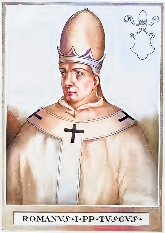 Romanus was pope in 897. The exact election day is unknown. The enthronement took place in August 897, the end of the pontificate is dated November 897, although it is not clear whether Romanus died — in this case he might have been poisoned — or was deposed, historical, authentic, digitally restored reproduction from a 19th-century original, record date not stated, subsequently colored