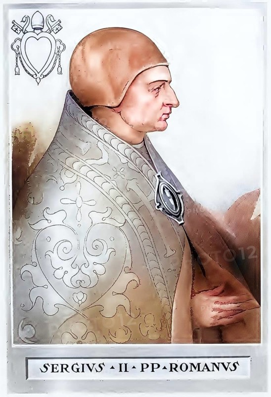 Sergius II (born around 790, died 27 January 847) was the 102nd Pope of the Catholic Church from 844 to 847, Historical, authentic, digitally restored reproduction from a 19th century original, Record date not stated, subsequently coloured