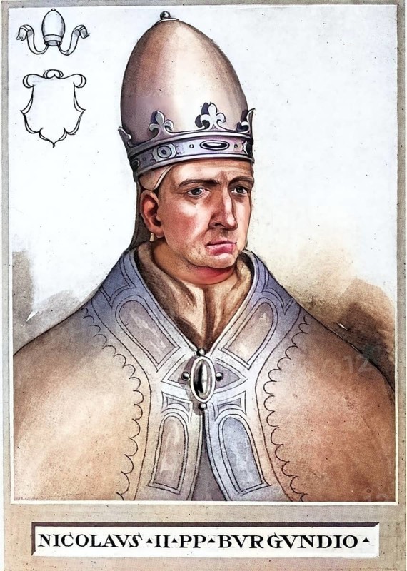 Nicholas II, originally Gerard of Burgundy (born between 990 and 995 presumably in Savoy, died 19, 20 or 27 July 1061 in Florence), was pope from 6 December 1058 until his death, Historical, authentic, digitally restored reproduction from a 19th century original, Record date not stated, subsequently coloured