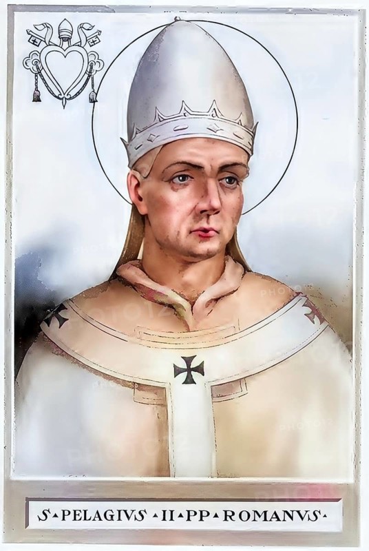 Pelagius II (born in Rome, died 7 February 590) was Bishop of Rome from his election on 26 November 579 until his death, Historical, authentic, digitally restored reproduction from a 19th century original, Record date not stated, subsequently coloured