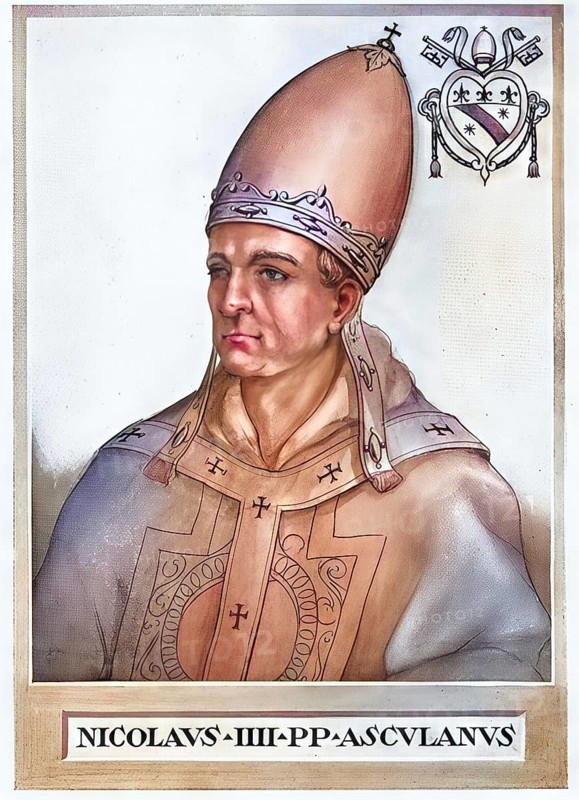 Nicholas IV (Latin: Nicolaus IV), originally Girolamo Masci d'Ascoli (born 30 September 1227 in Lisciano (a district of Ascoli Piceno), died 4 April 1292 in Rome) was pope from 22 February 1288 until his death and thus also head of the Papal States. He was the first Franciscan to be elected pope, Historical, authentic, digitally restored reproduction from a 19th century original, Record date not stated, subsequently coloured