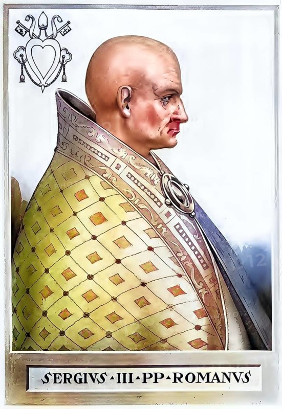 Sergius III (died 14 April 911 in Rome) was antipope in 898 and pope from 29 January 904 to 14 April 911, Historical, authentic, digitally restored reproduction from a 19th century original, Record date not stated, subsequently coloured