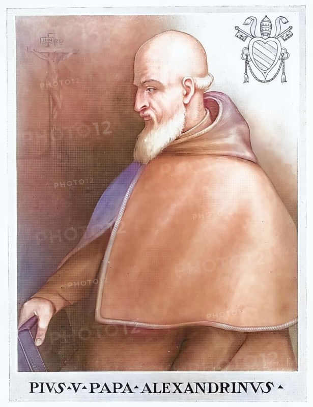 Pius V, legal name Antonio Ghislieri OP (born 17 January 1504 as Antonio Ghisleri in Bosco Marengo near Alessandria, died 1 May 1572 in Rome), was Pope of the Catholic Church from his election on 7 January 1566 until his death. He was canonised in 1712, Historical, authentic, digitally restored reproduction from a 19th century original, Record date not stated, subsequently coloured