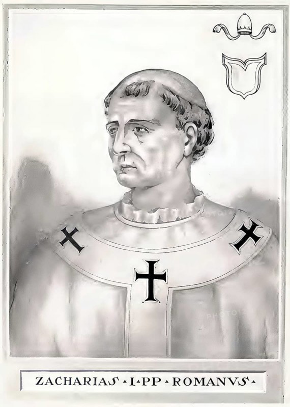 Zacharias (Zacharias tou Polychroniou, died March 752 in Rome) was Pope of the Catholic Church from 741 to 752, Historical, authentic, digitally restored reproduction from a 19th century original, Record date not stated, subsequently coloured