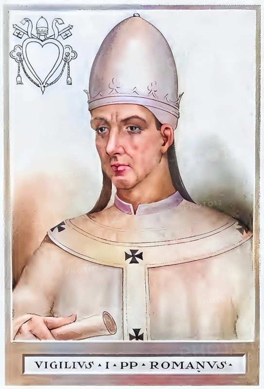 Vigilius (born around 500, died 7 June 555) was Roman bishop (pope) from 537 until his death, Historical, authentic, digitally restored reproduction from a 19th century original, Record date not stated, subsequently coloured