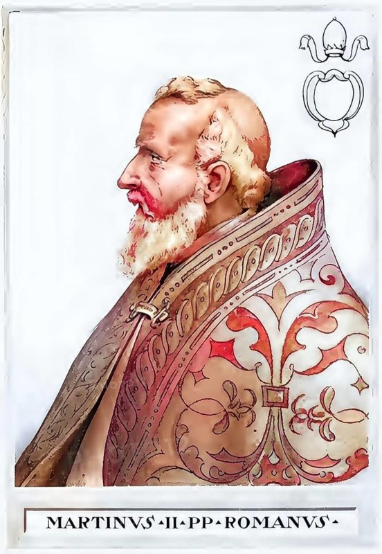 Marinus I (sometimes erroneously also called Martin II, born in Gallese, died 15 May 884 in Rome) was pope from 882 until his death, Historical, authentic, digitally restored reproduction from a 19th century original, Record date not stated, subsequently coloured