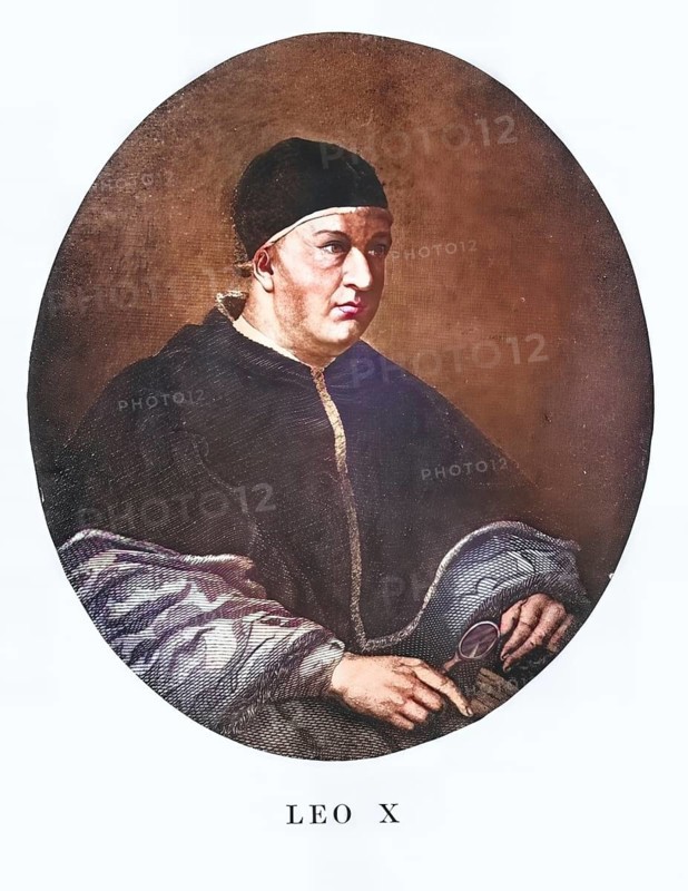 Leo X (born Giovanni de' Medici, born 11 December 1475 in Florence, died 1 December 1521 in Rome) was Roman Catholic Pope from 11 March 1513 until his death. His pontificate marked the beginning of the Reformation, Historical, authentic, digitally restored reproduction from a 19th century original, Record date not stated, subsequently coloured