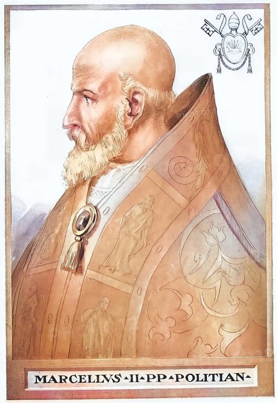 Marcellus II (born 6 May 1501 in Montefano (Marche), died 1 May 1555 in Rome), birth name Marcello Cervini degli Spannocchi, was Pope of the Catholic Church from 9 April to 1 May 1555, Historical, authentic, digitally restored reproduction from a 19th century original, Record date not stated, subsequently coloured