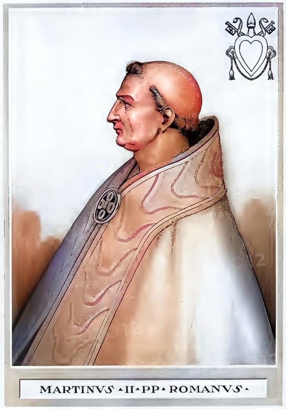 Marinus II (often erroneously called Martin III in the late Middle Ages, born in Rome, d. May 946) was Pope from 30 October 942 to May 946, Historical, authentic, digitally restored reproduction from a 19th century original, Record date not stated, subsequently coloured