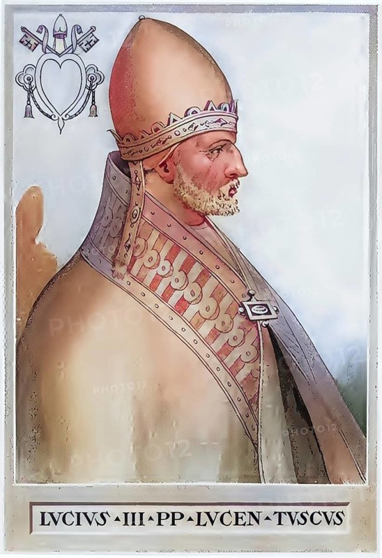Lucius III (originally Ubaldo Allucingoli, born 1097 (?) in Lucca, died 25 November 1185 in Verona) was Pope from 1 September 1181 until his death, Historical, authentic, digitally restored reproduction from a 19th century original, Record date not stated, subsequently coloured