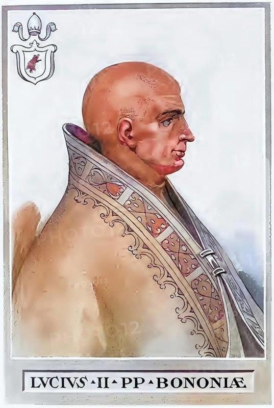 Lucius II, originally Gerardus Caccianemici de l'Orso (died 15 February 1145), was Pope from 9 March (enthronement on 12 March) 1144, Historical, authentic, digitally restored reproduction from a 19th century original, record date not stated, subsequently coloured