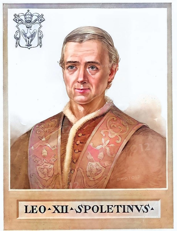 Leo XII (born Annibale Francesco Clemente Melchiorre Girolamo Nicola della Genga), (born 22 August 1760 at the castle of Genga near Fabriano in the Marche, Papal States, died 10 February 1829 in Rome) was the 252nd Pope of the Roman Catholic Church from 1823 to 1829, Historical, authentic, digitally restored reproduction from a 19th century original, Record date not stated, subsequently coloured