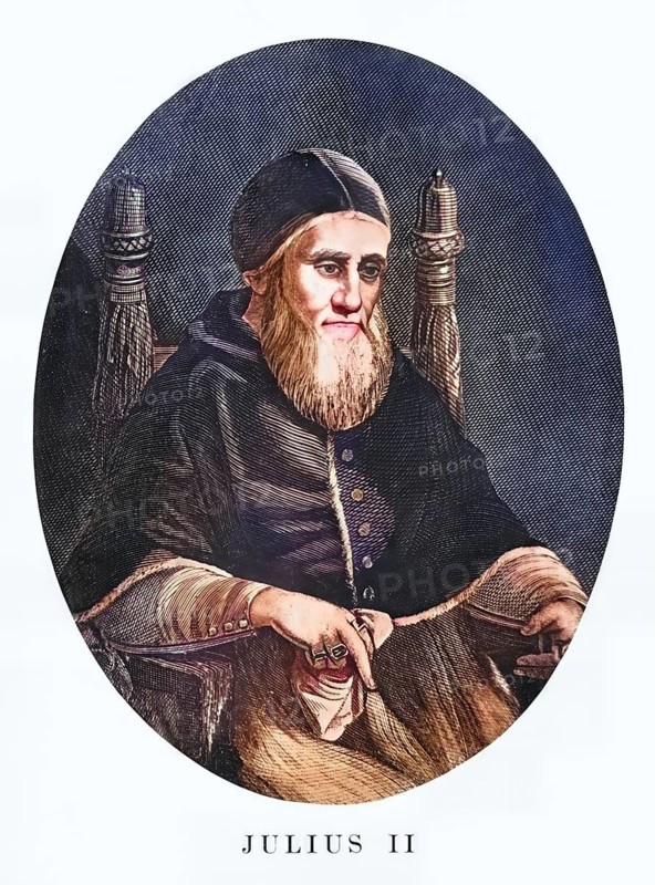 Julius II (civic name Giuliano della Rovere, born 5 December 1443 in Albisola Superiore near Savona, Liguria, died 21 February 1513 in Rome) was Roman Catholic Pope from 1 November 1503 to 21 February 1513. He founded the papal bodyguard Swiss Guard in 1506, Historical, authentic, digitally restored reproduction from a 19th century original, Record date not stated, subsequently coloured