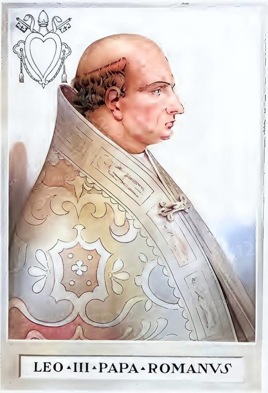 Leo III (born around 750 in Rome, died 12 June 816 in Rome) was pope from 795 to 816, Historical, authentic, digitally restored reproduction from a 19th century original, Record date not stated, subsequently coloured