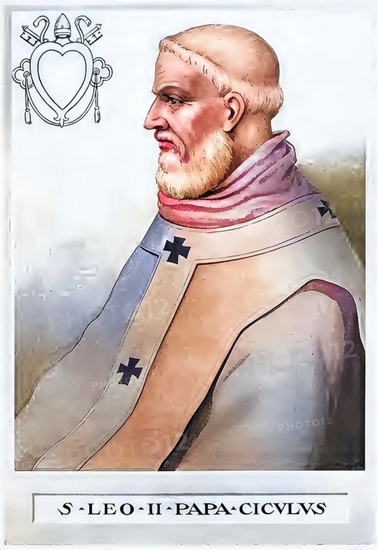 Leo II (born in Sicily, died 3 July 683) was pope from 17 August 682 until his death, Historical, authentic, digitally restored reproduction from a 19th century original, Record date not stated, subsequently coloured
