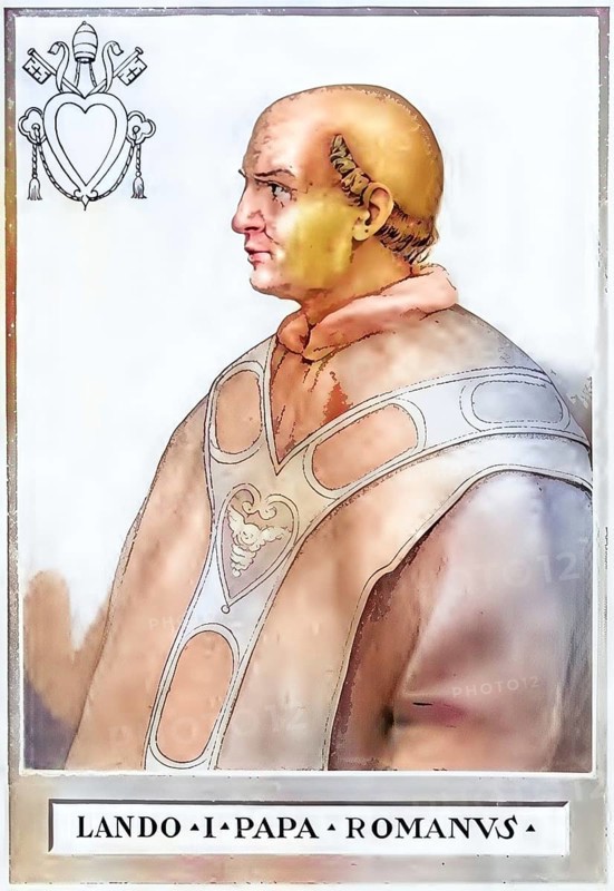Lando (lat. Landus, born in the 9th century east of Rome, died 914) was pope from 913 to 914, Historical, authentic, digitally restored reproduction from a 19th century original, Record date not stated, subsequently coloured