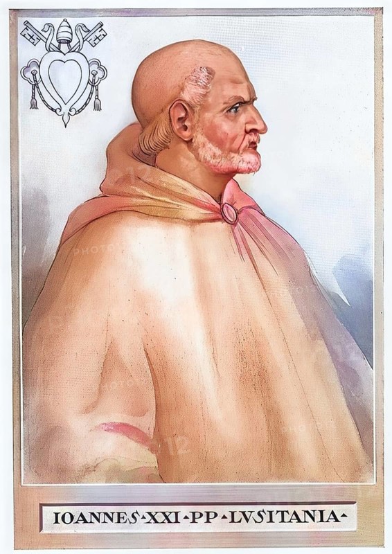 John XXI (originally Petrus Juliani, Petrus Hispanus, Pedro Julião or Peter Rebuli-Giuliani, born around 1205 in Lisbon, died 20 May 1277 in Viterbo) was a Portuguese physician, author of medical writings, deacon and archdeacon. He was Pope of the Roman Catholic Church from 15 September of the Year of the Four Popes 1276 until his death on 20 May 1277, Historical, authentic, digitally restored reproduction from a 19th century original, record date not stated, subsequently coloured