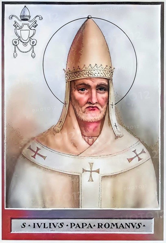 Julius I (Latin: from the Julian family, born in Rome, died 12 April 352) was elected Bishop of Rome (Pope) on 6 February 337 after a four-month vacancy of the see and held this office until his death on 12 April 352, Historical, authentic, digitally restored reproduction from a 19th century original, record date not stated, subsequently coloured