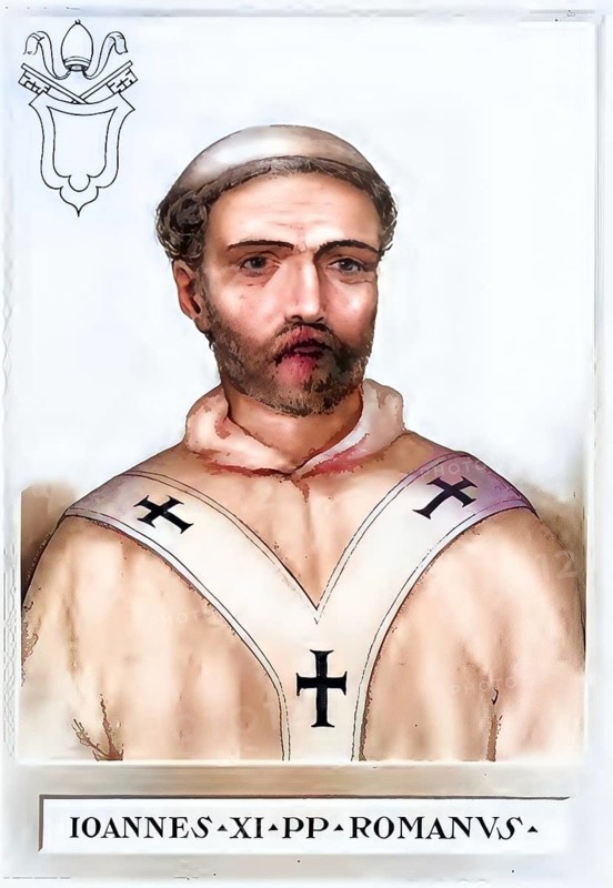 John XI (died 935 in Rome) was Roman Pope from 931 to 935, he reigned at the time of the so-called Pornocracy, Historical, authentic, digitally restored reproduction from a 19th century original, Record date not stated, subsequently coloured