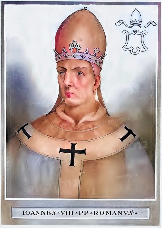 John VIII (born in front of 852 in Rome, died 16 December 882 in Rome) was Roman Catholic Pope from 14 December 872 until his death, Historical, authentic, digitally restored reproduction from a 19th century original, Record date not stated, subsequently coloured