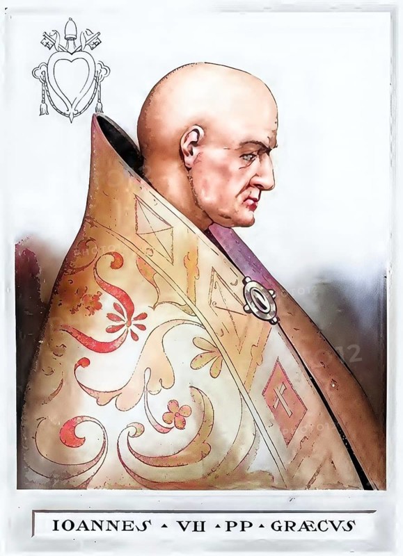 John VII (born in the 7th century in Rossano, Calabria, died 18 October 707 in Rome) was pope from 1 March 705 until his death, Historical, authentic, digitally restored reproduction from a 19th century original, Record date not stated, subsequently coloured