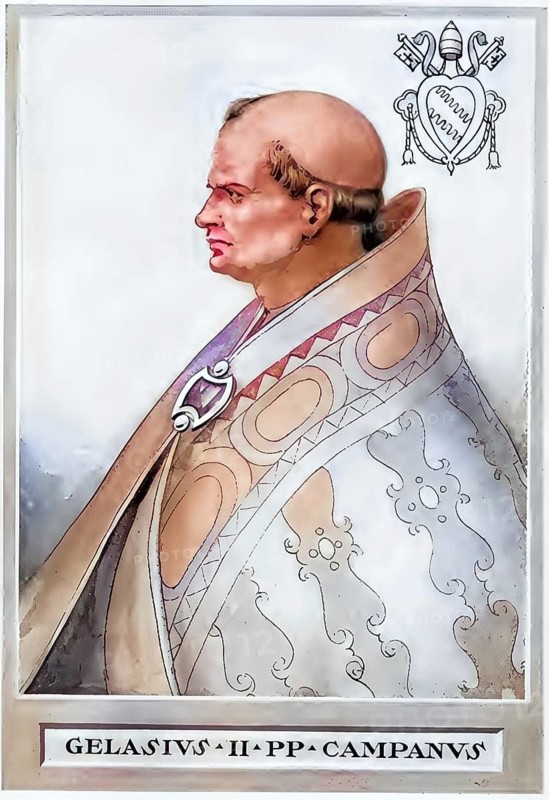 Gelasius II (born between 1060 and September 1064 in Gaeta, died 29 January 1119 in Cluny) was pope from 1118 until his death. His original name is given in Italian as Giovanni da Gaeta, in German as Johannes von Gaeta, Historical, authentic, digitally restored reproduction from a 19th century original, Record date not stated, subsequently coloured