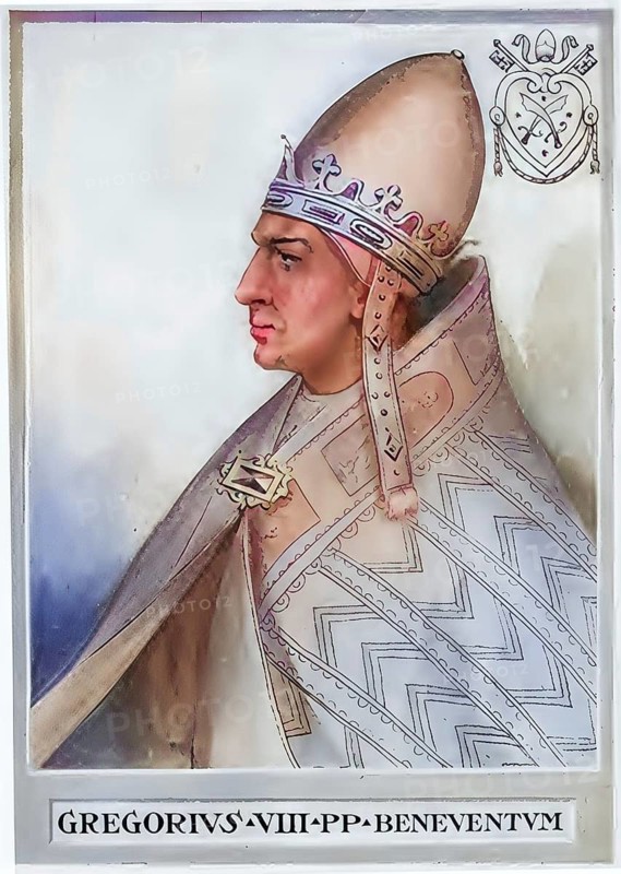 Gregory VIII, originally Albertus de Morra (born around 1100 (1105-1110?) in Benevento, died 17 December 1187 probably in Pisa (1), was pope from 21 October 1187, Historical, authentic, digitally restored reproduction from a 19th century original, Record date not stated, subsequently coloured