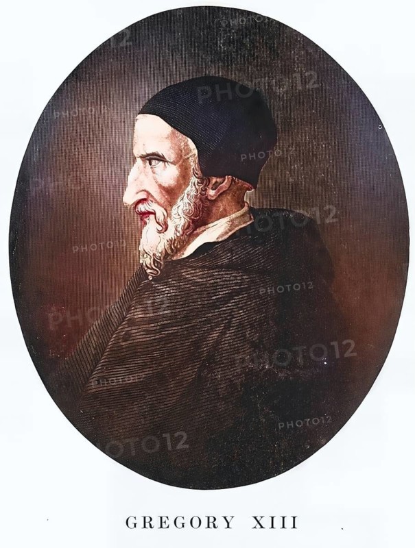 Gregory XIII, Latin Gregorius XIII, legal name Ugo Boncompagni, (born 7 January 1502 in Bologna, died 10 April 1585 in Rome) was Pope of the Roman Catholic Church from 1572 to 1585, Historical, authentic, digitally restored reproduction from a 19th century original, Record date not stated, subsequently coloured