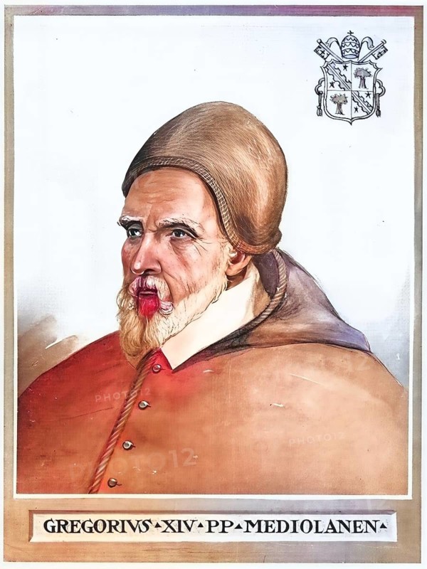 Gregory XIV (born 11 February 1535 in Somma Lombardo, died 16 October 1591 in Rome), real name Niccolò Sfondrati, was Pope of the Catholic Church from 1590 to 1591, Historical, authentic, digitally restored reproduction from a 19th century original, Record date not stated, subsequently coloured