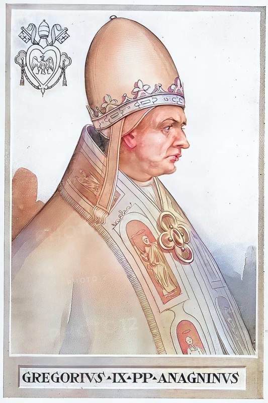 Gregory IX, originally Ugolino dei Conti di Segni (Hugo, from the House of the Counts of Segni) (born around 1167 in Anagni, died 22 August 1241 in Rome), was Pope of the Catholic Church from 19 March 1227 until his death, Historical, authentic, digitally restored reproduction from a 19th century original, Record date not stated, subsequently coloured