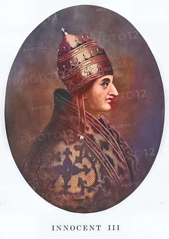 Innocent III (born Lotario dei Conti di Segni, Germanised as Lothar from the House of the Counts of Segni, born 22 February 1161 at Gavignano Castle, died 16 July 1216 near Perugia) was Pope of the Roman Catholic Church from 1198 to 1216. He is considered one of the most important popes of the Middle Ages, Historical, authentic, digitally restored reproduction from a 19th century original, Record date not stated, subsequently coloured
