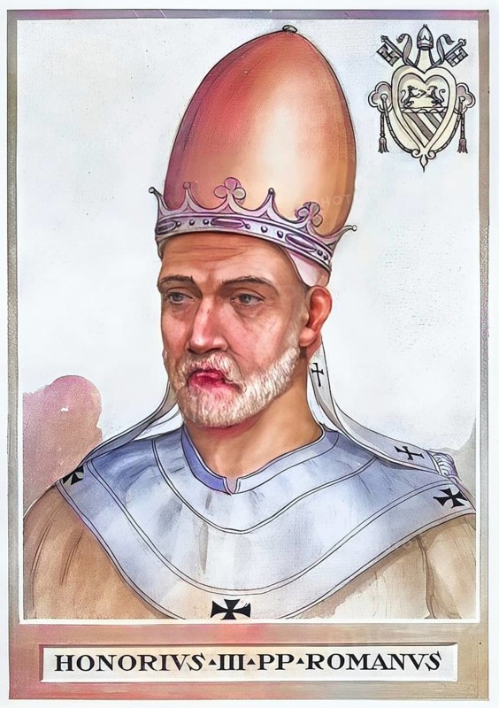Honorius III, originally Cencio Savelli (born around 1148 in Rome, died 18 March 1227 in Rome), was pope from 1216 to 1227, Historical, authentic, digitally restored reproduction from a 19th century original, Record date not stated, subsequently coloured