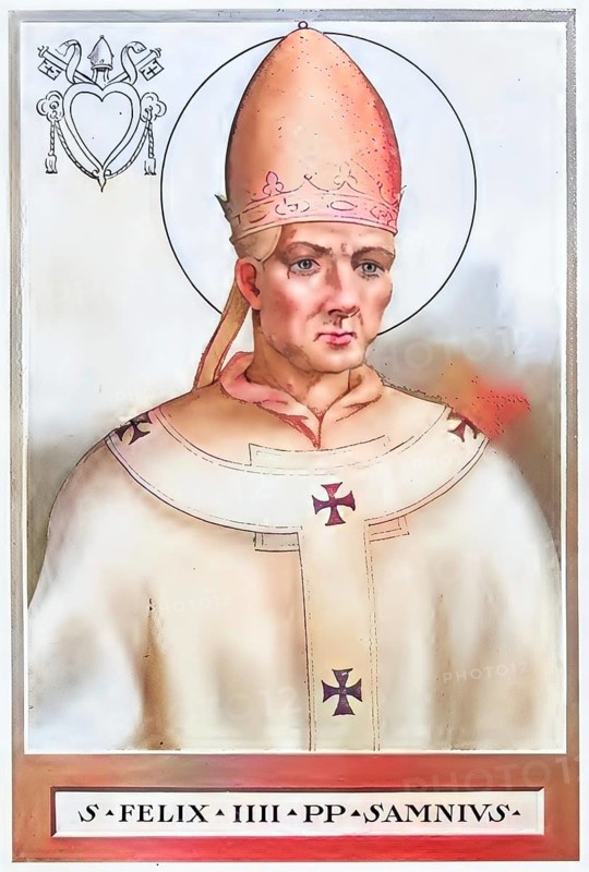 Felix III was bishop of Rome from 526 until his death. In the former dominant census, which recognizes his predecessor Felix II, who reigned in the 4th century, as the legitimate pope, he appears as Felix IV. Sometimes he is therefore referred to as Felix III or Felix IV. Historical, authentic, digitally restored reproduction from a 19th century original, record date not stated, subsequently colored
